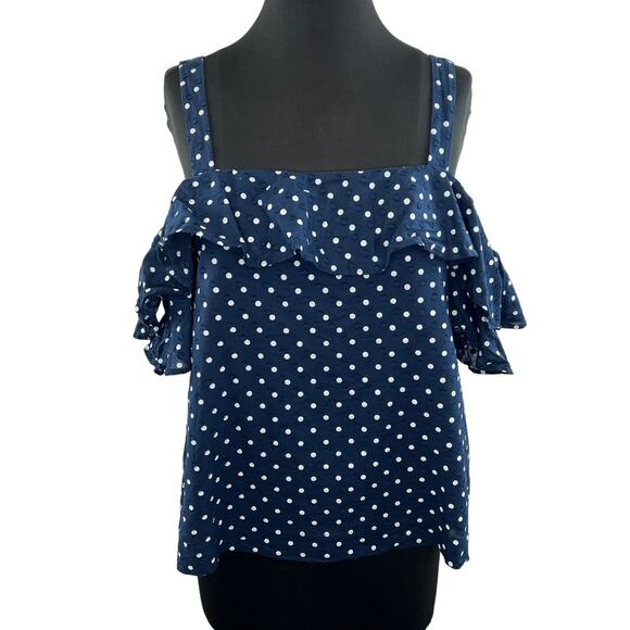 J. Crew Navy Polka-Dot Cotton Square Neck Flounce Cold Shoulder Blouse Size 14 - Picture 1 of 7